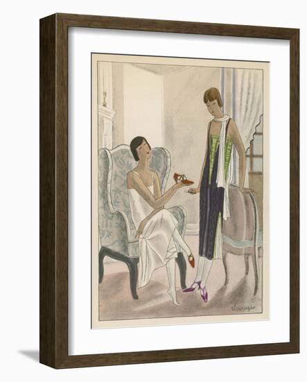 Designs by Perugia: White Strapless Dress with Red and Gold Shoes-Jean Grangier-Framed Art Print