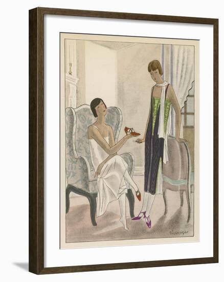 Designs by Perugia: White Strapless Dress with Red and Gold Shoes-Jean Grangier-Framed Art Print