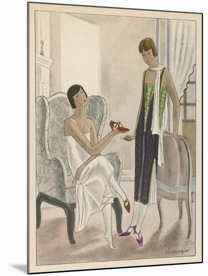 Designs by Perugia: White Strapless Dress with Red and Gold Shoes-Jean Grangier-Mounted Art Print