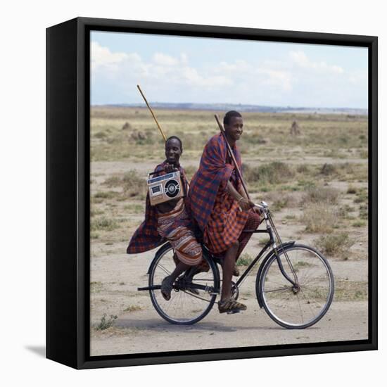 Despite their Traditional Dress, Two Young Maasai Give Hints That Lifestyle Is Changing in Tanzania-Nigel Pavitt-Framed Stretched Canvas