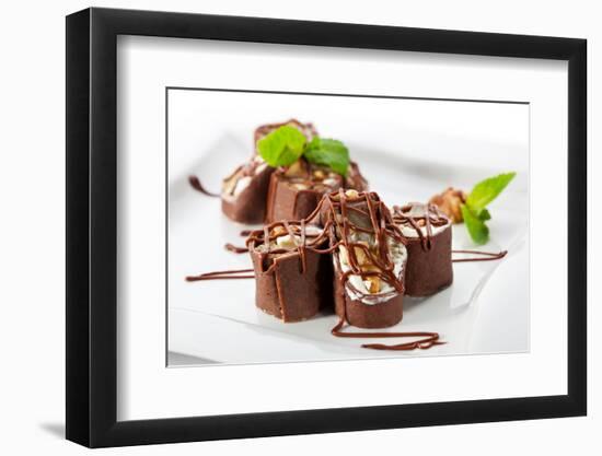 Dessert Maki Sushi - Chocolate Roll with Various Fruit and Cream Cheese Inside. Chocolate Pancake O-svry-Framed Photographic Print