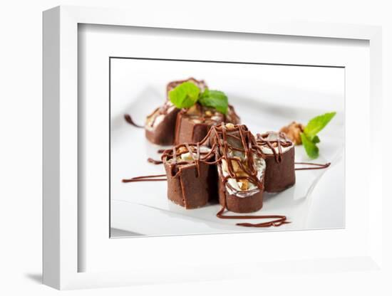 Dessert Maki Sushi - Chocolate Roll with Various Fruit and Cream Cheese Inside. Chocolate Pancake O-svry-Framed Photographic Print