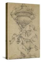 Dessin ornemental, une femme un genou à terre, tient un vase fermé et sculpté-Eustache Le Sueur-Stretched Canvas