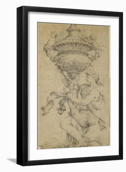 Dessin ornemental, une femme un genou à terre, tient un vase fermé et sculpté-Eustache Le Sueur-Framed Giclee Print