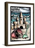 Destin, Florida - Sandcastle - Scratchboard-Lantern Press-Framed Art Print