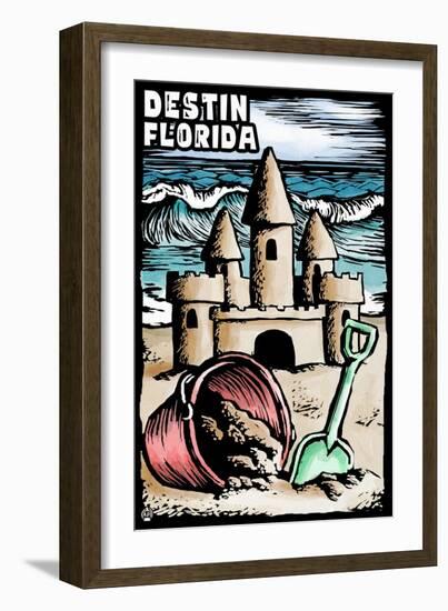 Destin, Florida - Sandcastle - Scratchboard-Lantern Press-Framed Art Print