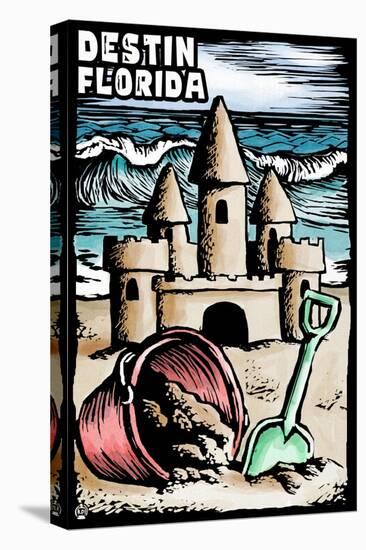 Destin, Florida - Sandcastle - Scratchboard-Lantern Press-Stretched Canvas