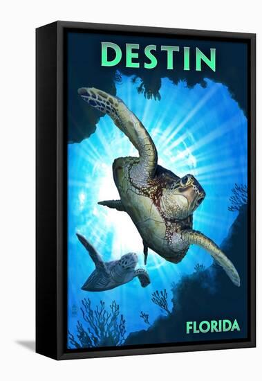 Destin, Florida - Sea Turtle Diving-Lantern Press-Framed Stretched Canvas