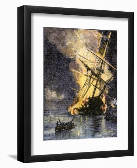 Destruction of British Frigate, Sharon, during the Battle of Yorktown, c.1781-null-Framed Giclee Print