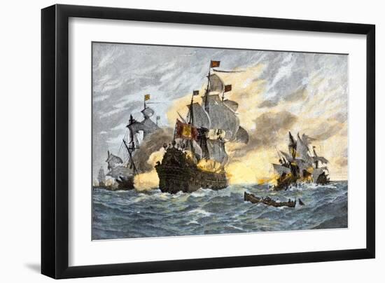 Destruction of John Smith's Ship by the Spanish, Ending His New England Venture-null-Framed Giclee Print