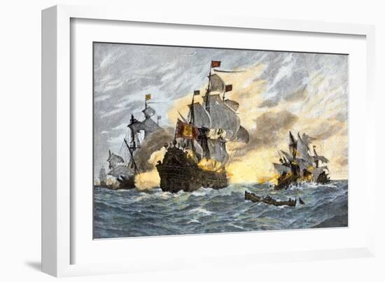 Destruction of John Smith's Ship by the Spanish, Ending His New England Venture-null-Framed Giclee Print