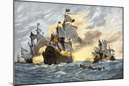 Destruction of John Smith's Ship by the Spanish, Ending His New England Venture-null-Mounted Giclee Print