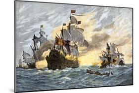 Destruction of John Smith's Ship by the Spanish, Ending His New England Venture-null-Mounted Giclee Print