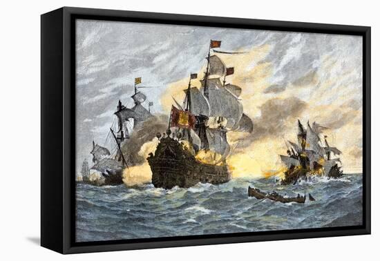 Destruction of John Smith's Ship by the Spanish, Ending His New England Venture-null-Framed Stretched Canvas