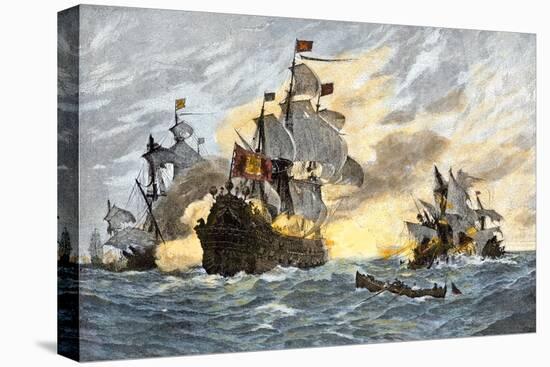 Destruction of John Smith's Ship by the Spanish, Ending His New England Venture-null-Stretched Canvas