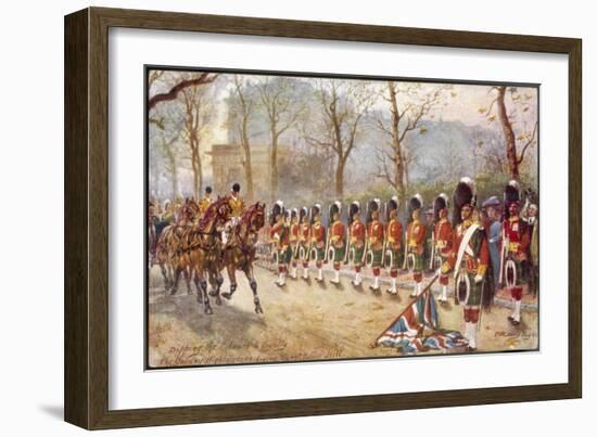 Detachment of Gordon Highlanders Dip the Colours to Passing Royalty Near Buckingham Palace-Harry Payne-Framed Art Print