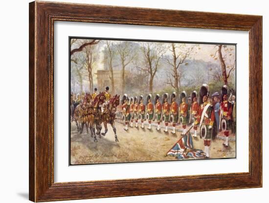 Detachment of Gordon Highlanders Dip the Colours to Passing Royalty Near Buckingham Palace-Harry Payne-Framed Art Print