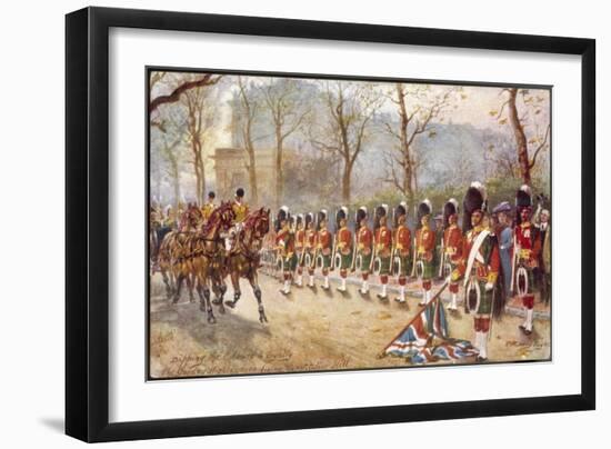 Detachment of Gordon Highlanders Dip the Colours to Passing Royalty Near Buckingham Palace-Harry Payne-Framed Art Print