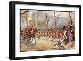 Detachment of Gordon Highlanders Dip the Colours to Passing Royalty Near Buckingham Palace-Harry Payne-Framed Art Print