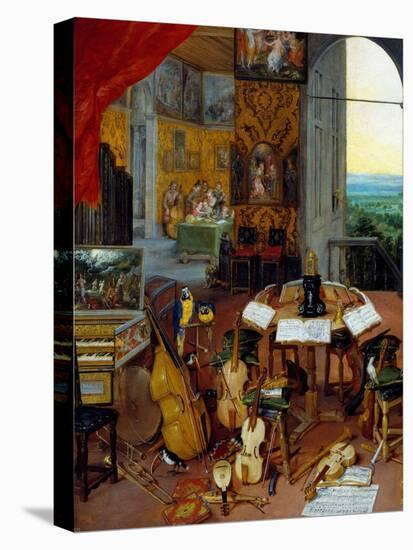 Detail Hearing Representing Musical Instruments (Cello, Violin, Lute, Flute, Harpsichord), 1618 (Oi-Jan the Elder Brueghel-Stretched Canvas