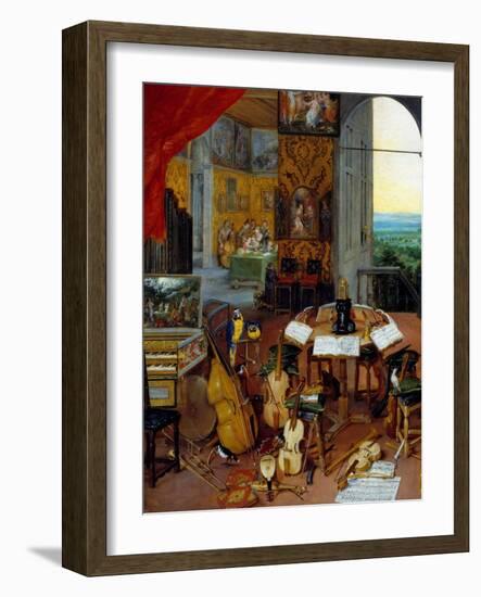 Detail Hearing Representing Musical Instruments (Cello, Violin, Lute, Flute, Harpsichord), 1618 (Oi-Jan the Elder Brueghel-Framed Giclee Print