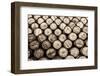 Detail Monochrome View of Stacked Wine and Whisky Wooden Barrels-MartinM303-Framed Photographic Print