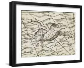 Detail of a flying turtle on a map of northern Europe-Italian-Framed Giclee Print