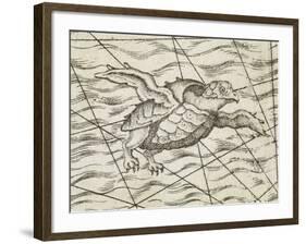 Detail of a flying turtle on a map of northern Europe-Italian-Framed Giclee Print