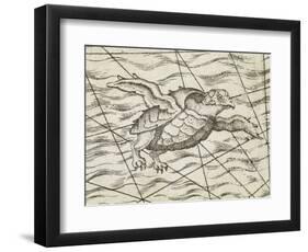 Detail of a flying turtle on a map of northern Europe-Italian-Framed Giclee Print