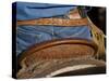 Detail of Back of Cowboy's Saddle, Jeans and Chaps, Sombrero Ranch, Craig, Colorado, USA-Carol Walker-Stretched Canvas