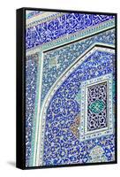 Detail of ceramic tiles on wall in Isfahan blue, Imam Mosque, UNESCO World Heritage Site, Isfahan,-James Strachan-Framed Stretched Canvas