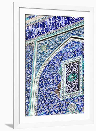 Detail of ceramic tiles on wall in Isfahan blue, Imam Mosque, UNESCO World Heritage Site, Isfahan,-James Strachan-Framed Photographic Print