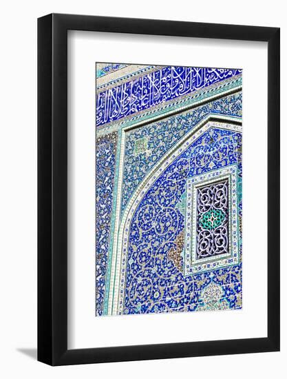 Detail of ceramic tiles on wall in Isfahan blue, Imam Mosque, UNESCO World Heritage Site, Isfahan,-James Strachan-Framed Photographic Print