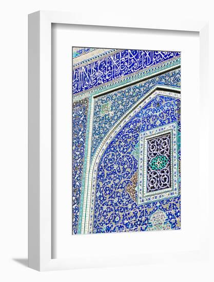 Detail of ceramic tiles on wall in Isfahan blue, Imam Mosque, UNESCO World Heritage Site, Isfahan,-James Strachan-Framed Photographic Print