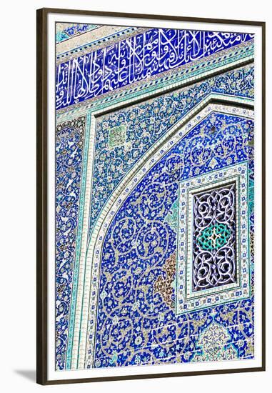 Detail of ceramic tiles on wall in Isfahan blue, Imam Mosque, UNESCO World Heritage Site, Isfahan,-James Strachan-Framed Premium Photographic Print
