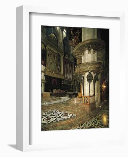 Detail of Interior of Milan Cathedral with Bronze and Gilded Copper Pulpit Supported by Caryatids-null-Framed Giclee Print