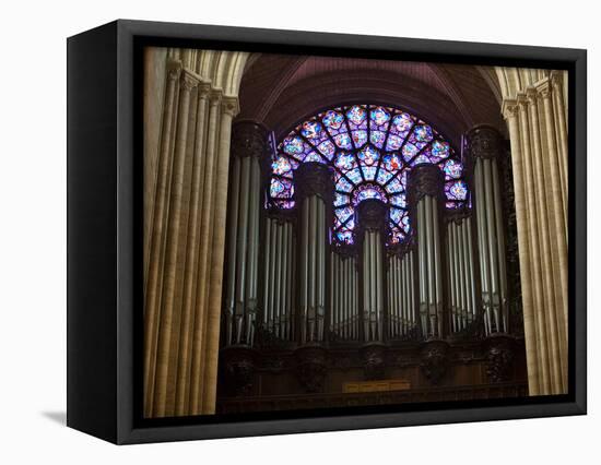 Detail of Notre Dame Cathedral Pipe Organ and Stained Glass Window, Paris, France-Jim Zuckerman-Framed Stretched Canvas