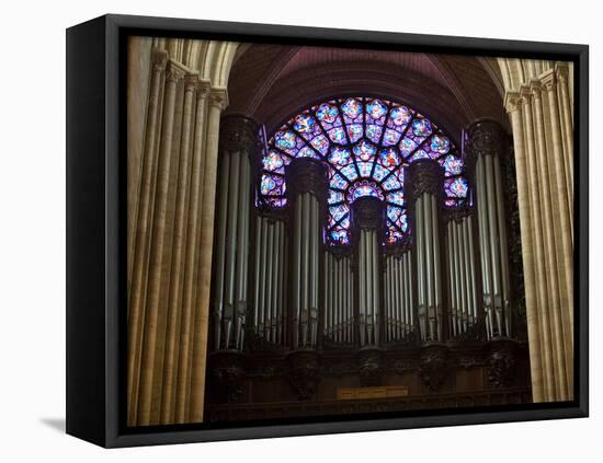 Detail of Notre Dame Cathedral Pipe Organ and Stained Glass Window, Paris, France-Jim Zuckerman-Framed Stretched Canvas