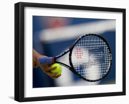 Detail of Tennis Player Holding the Racquet and Ball About to Serve-null-Framed Premium Photographic Print