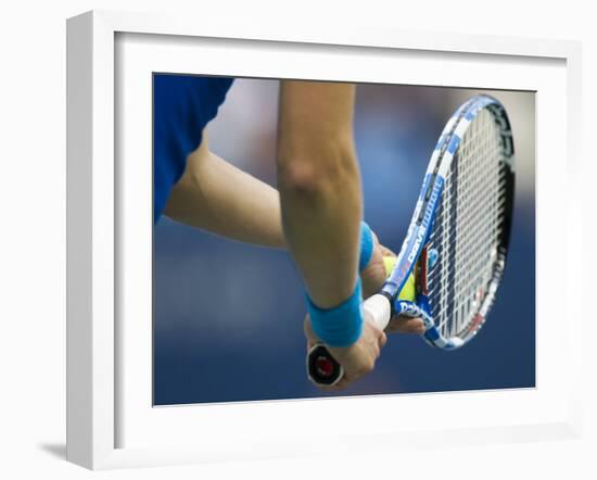 Detail of Tennis Player Holding the Racquet and Ball About to Serve-null-Framed Photographic Print