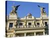 Detail of the Facade of Vinohrady Theatre, Built in 1909, on Namesti Miru (Square), Prague-Richard Nebesky-Stretched Canvas