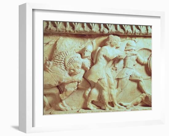 Detail of the North Frieze of the Siphnian Treasury Depicting Gods Fighting Giants, circa 525 BC-null-Framed Giclee Print