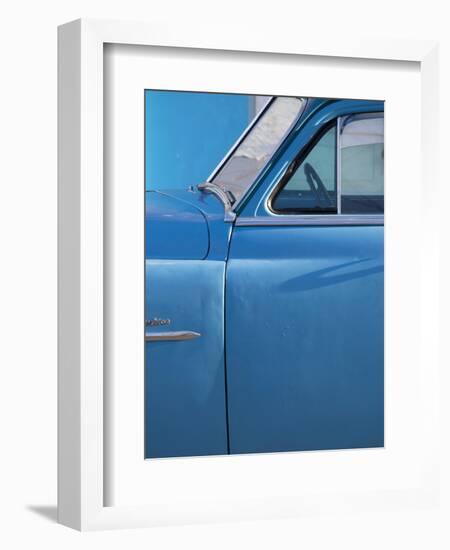 Detail of Vintage Blue American Car Against Painted Blue Wall-Lee Frost-Framed Photographic Print