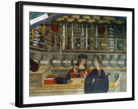 Detail Pharmacy or Chemist Measuring with Scales, 15th century Italian Gothic Fresco-null-Framed Giclee Print