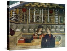 Detail Pharmacy or Chemist Measuring with Scales, 15th century Italian Gothic Fresco-null-Stretched Canvas