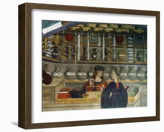 Detail Pharmacy or Chemist Measuring with Scales, 15th century Italian Gothic Fresco-null-Framed Giclee Print