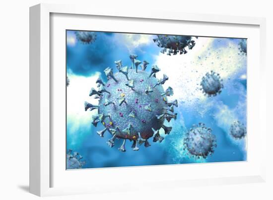 Detailed structure of the coronavirus on a blue background.-Leonello Calvetti-Framed Art Print