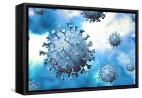Detailed structure of the coronavirus on a blue background.-Leonello Calvetti-Framed Stretched Canvas