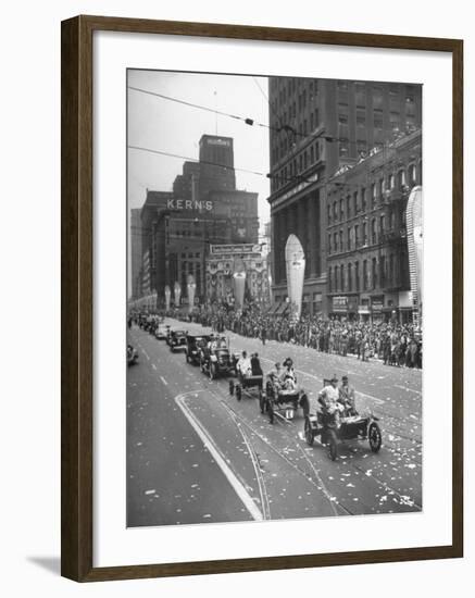 Detroit Golden Jubilee Features Parade with Early Type Cars-null-Framed Photographic Print