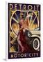 Detroit, Michigan - Deco Woman and Car-Lantern Press-Framed Art Print